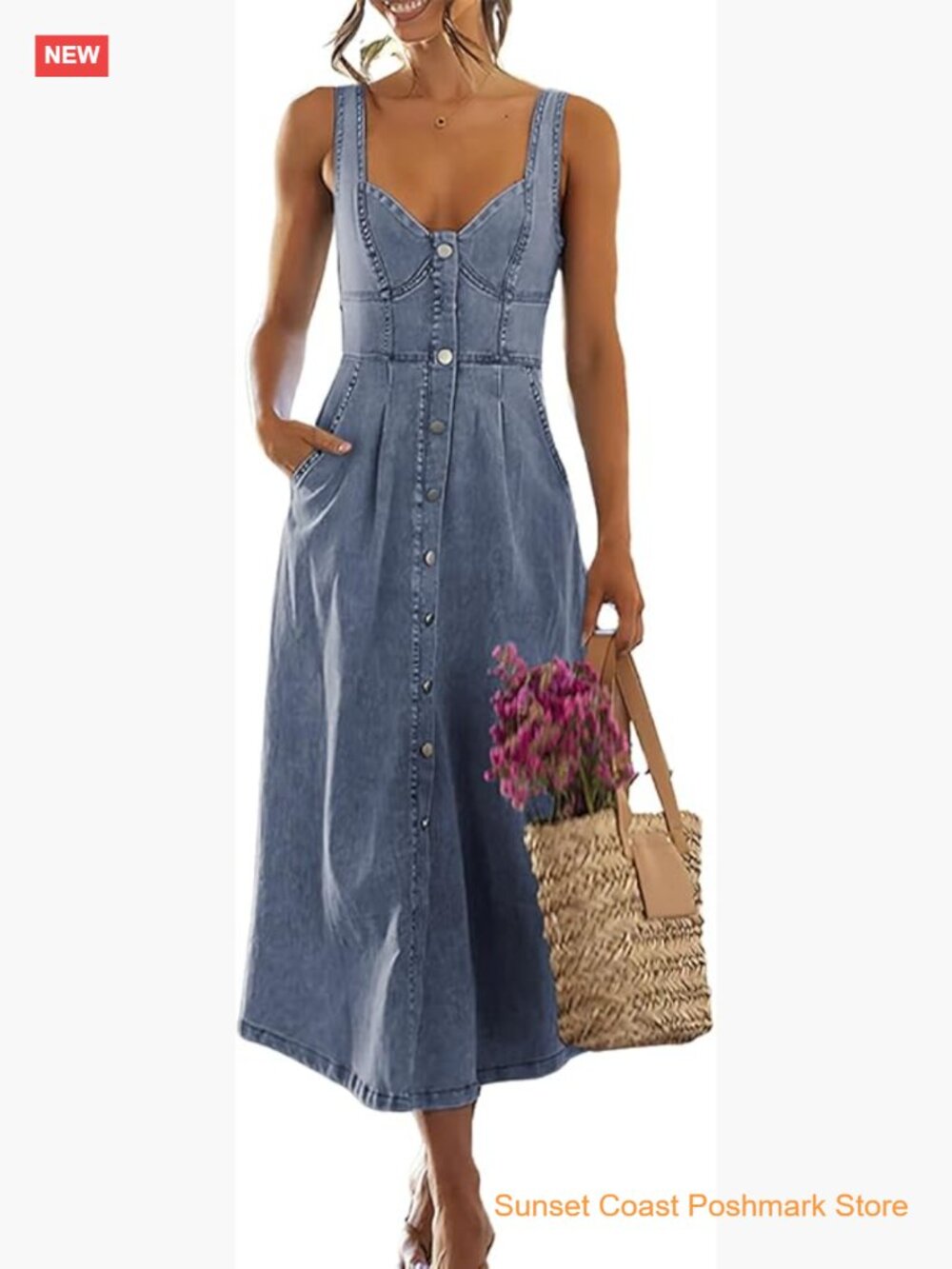 Smocked Denim Babydoll Dress Sleeveless Button Down Midi A-Line
